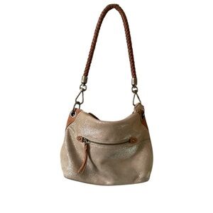 The Sak Metallic Suede Shoulder Bag Braided Strap Boho Hobo Purse Leather Women
